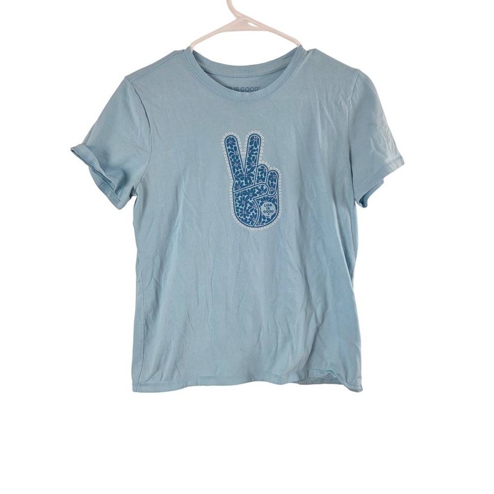 Life Is Good Peace Hand T Shirt S Womens Petite Blue Boho Floral Pullover